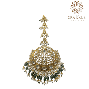 Oversized forest green drop pachi jadau kundan maang tikka with off white ivory kundan stones pearl clusters 22k gold plated by The Sparkle Jewellery