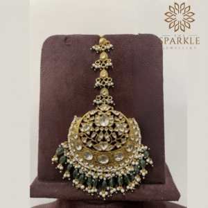 Oversized forest green drop pachi jadau kundan maang tikka with off white ivory kundan stones pearl clusters 22k gold plated by The Sparkle Jewellery