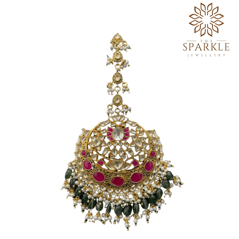 Oversized forest green drop pachi jadau kundan maang tikka with off white ivory kundan stones pearl clusters 22k gold plated by The Sparkle Jewellery