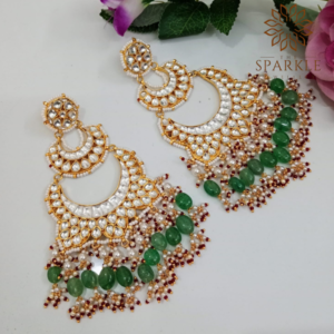 Oversized white Pachi Kundan chandbali earrings with green drops and pearl detailing in 22K gold plating by The Sparkle Jewellery