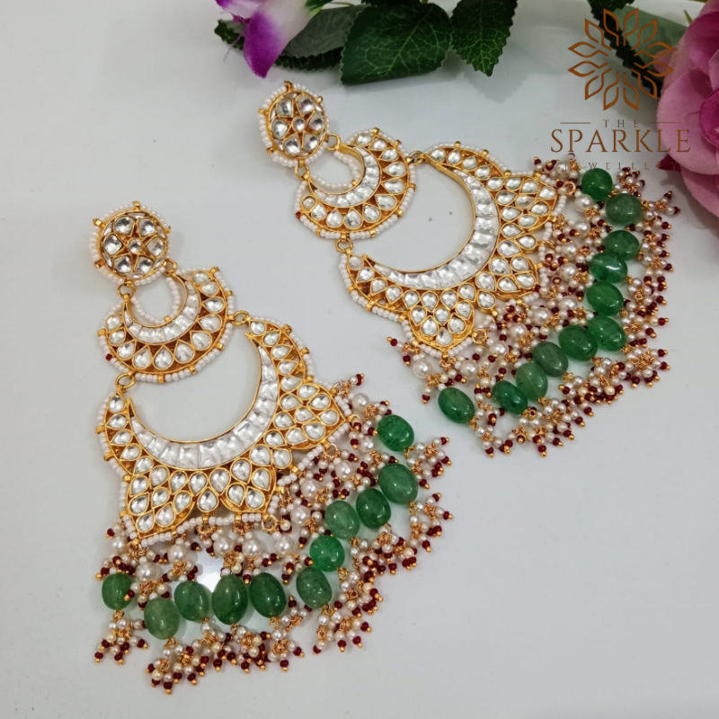 Oversized white Pachi Kundan chandbali earrings with green drops and pearl detailing in 22K gold plating by The Sparkle Jewellery