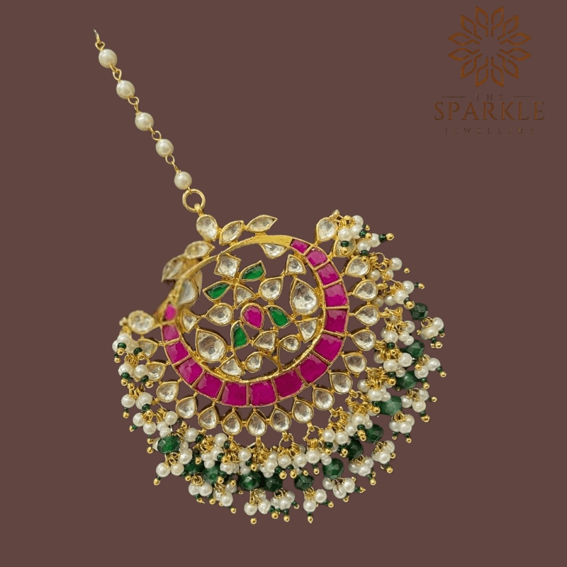 Rani pink emerald green pachi jadau kundan maang tikka with off white ivory kundan stones pearl cluster detailing 22k gold plated jewellery by The Sparkle Jewellery