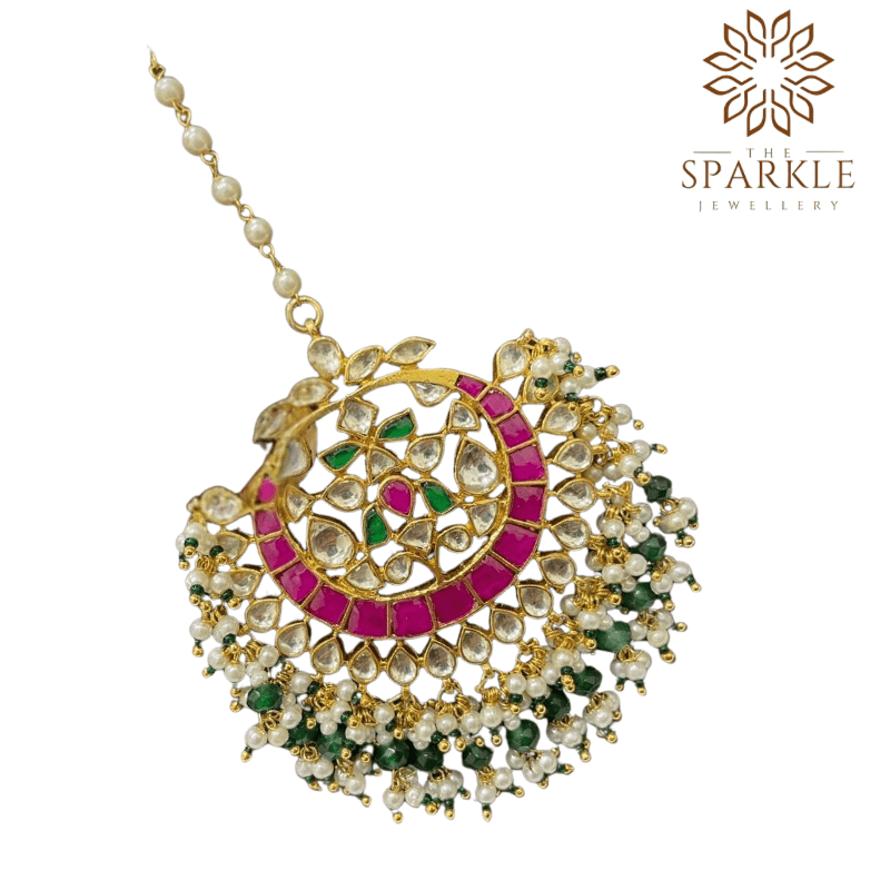 Rani pink emerald green pachi jadau kundan maang tikka with off white ivory kundan stones pearl cluster detailing 22k gold plated jewellery by The Sparkle Jewellery