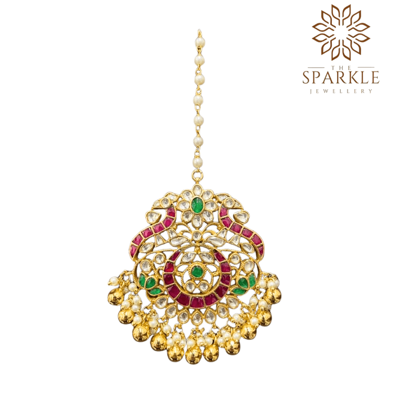 Rani Pink Emerald Green Pachi Jadau Kundan Maang Tikka with Gold Drops – The Sparkle Jewellery