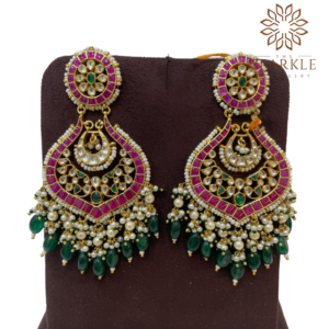 Rani pink and forest green pachi jadau kundan statement earrings with off white ivory kundan stones pearl clusters 22k gold plated by The Sparkle Jewellery