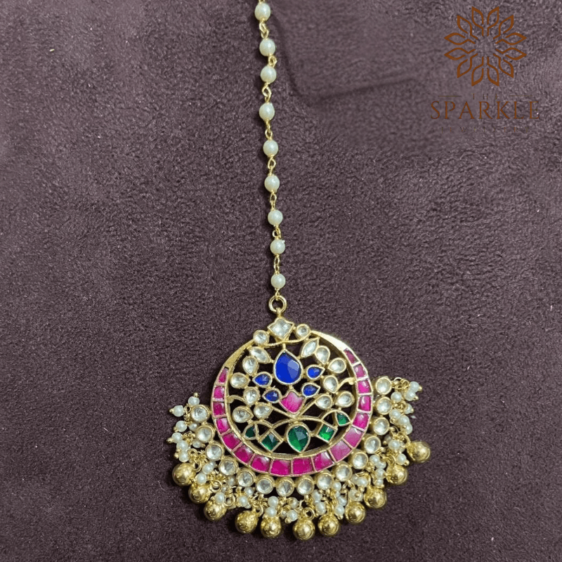 Rani pink royal blue emerald green pachi jadau kundan maang tikka with off white ivory kundan pearl cluster detailing 22k gold plated jewellery by The Sparkle Jewellery