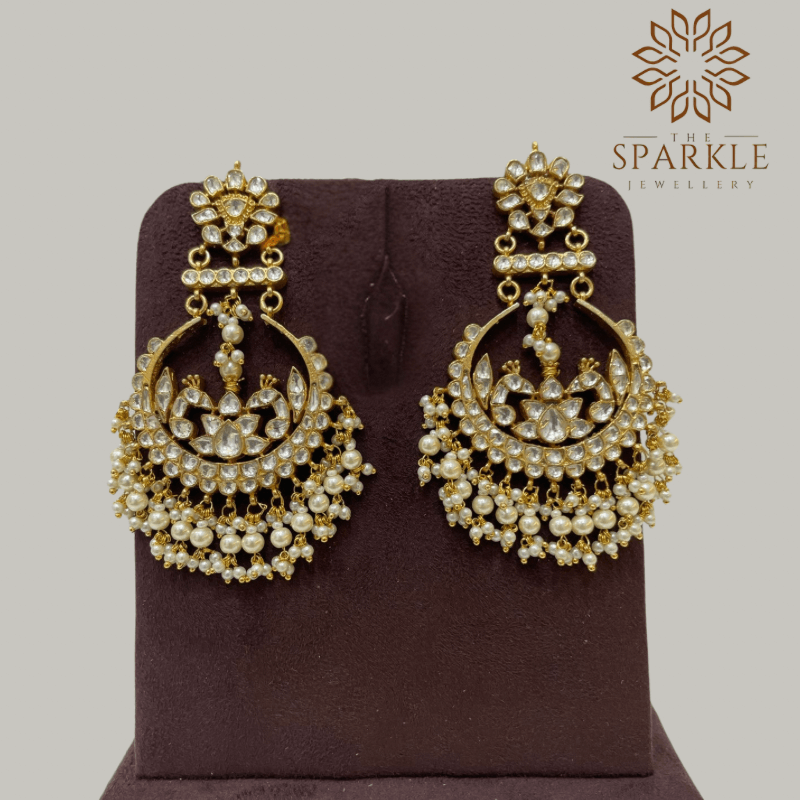 E11-Ivory Pearl Pachi Kundan Jadau Chandbali Earrings - 22K Gold Plated Lotus Motif Royal Indian Jewellery | The Sparkle Jewellery - Image 2