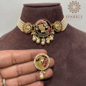 Ruby green enamel pearl pachi kundan jadau choker necklace set with earrings antique gold motif 22k gold plated jewellery by The Sparkle Jewellery