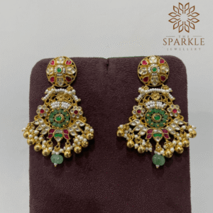 Ruby green pachi kundan jadau chandbali earrings with white kundan stones pearl clusters mint green drops 22k gold plated jewellery by The Sparkle Jewellery
