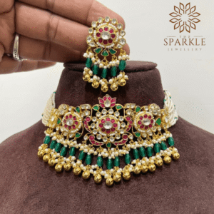 Ruby pink emerald green pachi kundan jadau choker necklace set with earrings white kundan polki stones pearl detailing 22k gold plated jewellery by The Sparkle Jewellery