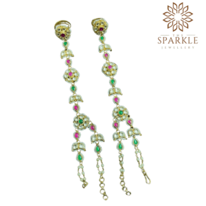 Ruby pink emerald green teardrop pachi kundan jadau hathphool hand harness with pearl chain detailing white kundan stones 22k gold plated jewellery by The Sparkle Jewellery