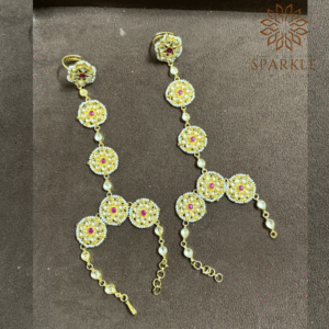 Ruby pink floral pachi kundan jadau hathphool hand harness with white kundan stones pearl detailing 22k gold plated jewellery by The Sparkle Jewellery