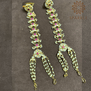 Ruby pink square stone pachi kundan jadau hathphool hand harness with pearl chain detailing white kundan stones 22k gold plated jewellery by The Sparkle Jewellery
