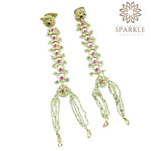 Ruby pink square stone pachi kundan jadau hathphool hand harness with pearl chain detailing white kundan stones 22k gold plated jewellery by The Sparkle Jewellery