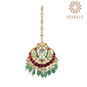 Ruby red mint green pachi jadau kundan maang tikka with off white ivory kundan stones pearl cluster detailing 22k gold plated jewellery by The Sparkle Jewellery