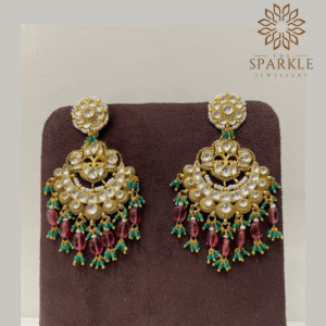 Ruby wine drop pachi kundan jadau chandbali earrings with emerald green bead clusters white kundan stones 22k gold plated jewellery by The Sparkle Jewellery