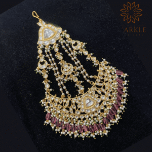 Ruby wine drop pachi kundan jadau passa hair accessory with white kundan stones pearl chains 22k gold plated jewellery by The Sparkle Jewellery