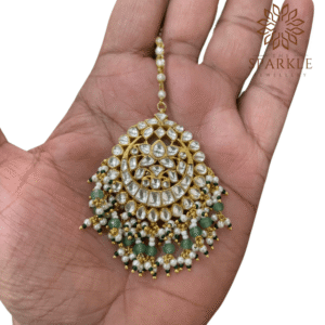 Mint green drop pachi jadau kundan maang tikka with off white ivory kundan stones pearl cluster detailing 22k gold plated jewellery by The Sparkle Jewellery