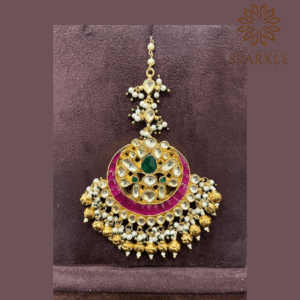 Rani pink emerald green pachi jadau kundan maang tikka with off white ivory kundan stones pearl cluster and gold ball drops 22k gold plated jewellery by The Sparkle Jewellery