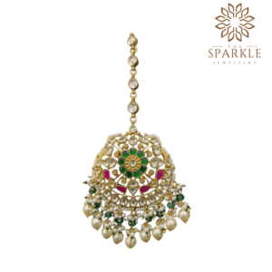 Emerald green and rani pink pachi jadau kundan maang tikka with off white ivory kundan stones pearl drops 22k gold plated by The Sparkle Jewellery