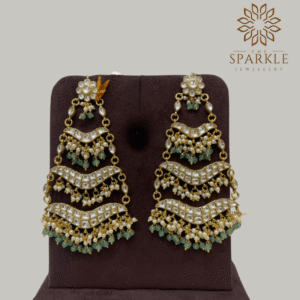 Mint green drop pachi kundan jadau layered chandelier earrings with pearl clusters white kundan stones 22k gold plated jewellery by The Sparkle Jewellery