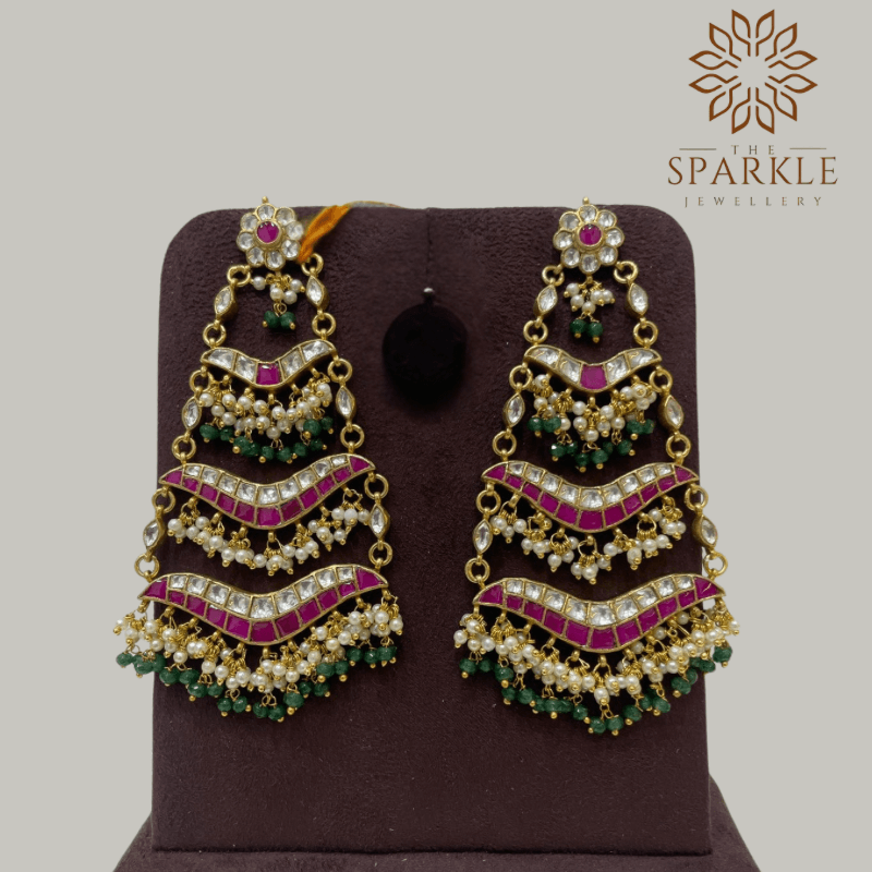 Heritage ruby pink pachi kundan jadau layered chandelier earrings with emerald green bead clusters pearl detailing 22k gold plated jewellery by The Sparkle Jewellery
