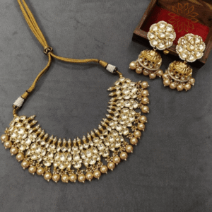 The Sparkle Jewellery white jadau kundan gold plated pearl border choker necklace set with matching jhumka earrings