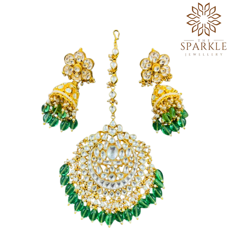 EMT04-White Pachi Kundan Jhumka & Maangtikka Set - 22K Gold Plated Jadau Jewellery with Green Drops | The Sparkle Jewellery - Image 2