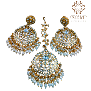 White Pachi Kundan oversized earrings and maangtikka set in 22K gold plated Jadau jewellery with ivory pearl drops by The Sparkle Jewellery