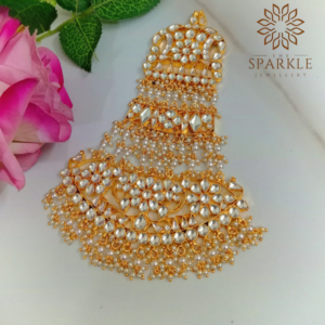 White Pachi Kundan jadau passa hair accessory with pearl drops in 22K gold plating by The Sparkle Jewellery