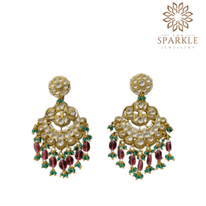 Ruby wine drop pachi kundan jadau chandbali earrings with emerald green bead clusters white kundan stones 22k gold plated jewellery by The Sparkle Jewellery