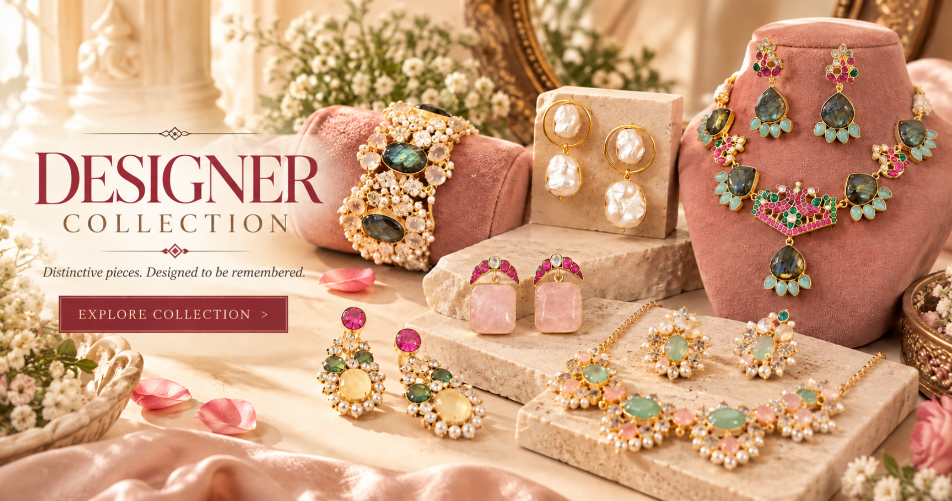 Designer jewellery collection featuring statement necklaces, earrings and bracelets with colourful gemstones, pearls and gold-plated detailing by The Sparkle Jewellery