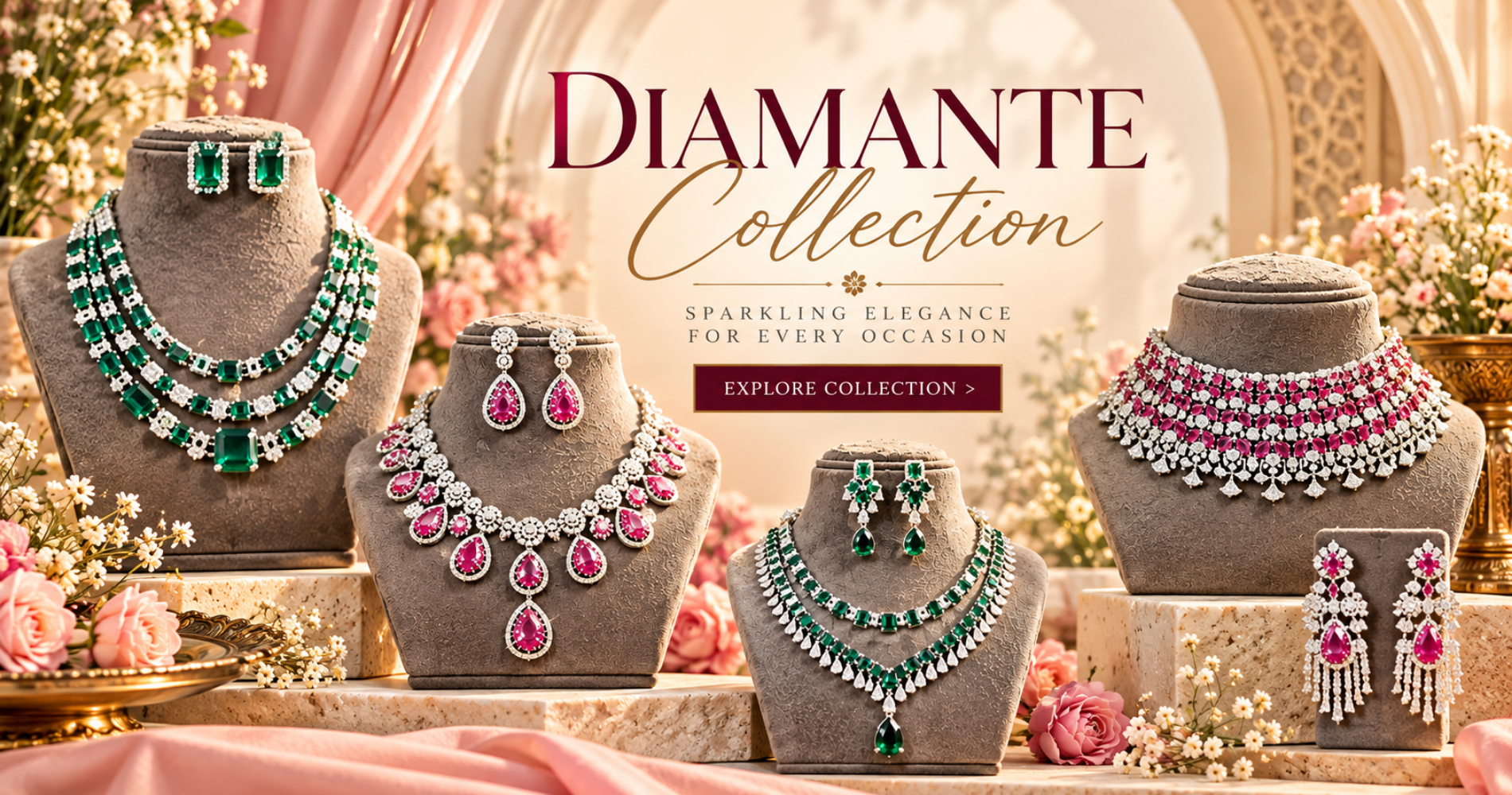 The Sparkle Jewellery Diamante Collection featuring emerald green and pink statement jewellery sets with matching necklaces and earrings