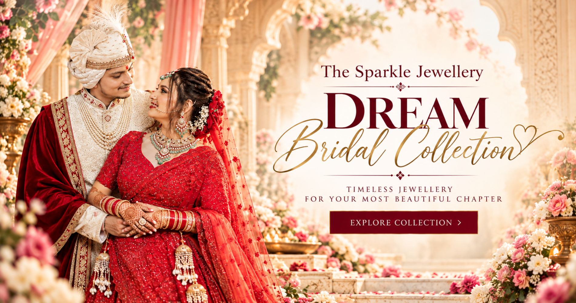 Indian bride and groom wearing elegant traditional wedding jewellery from The Sparkle Jewellery Dream Bridal Collection
