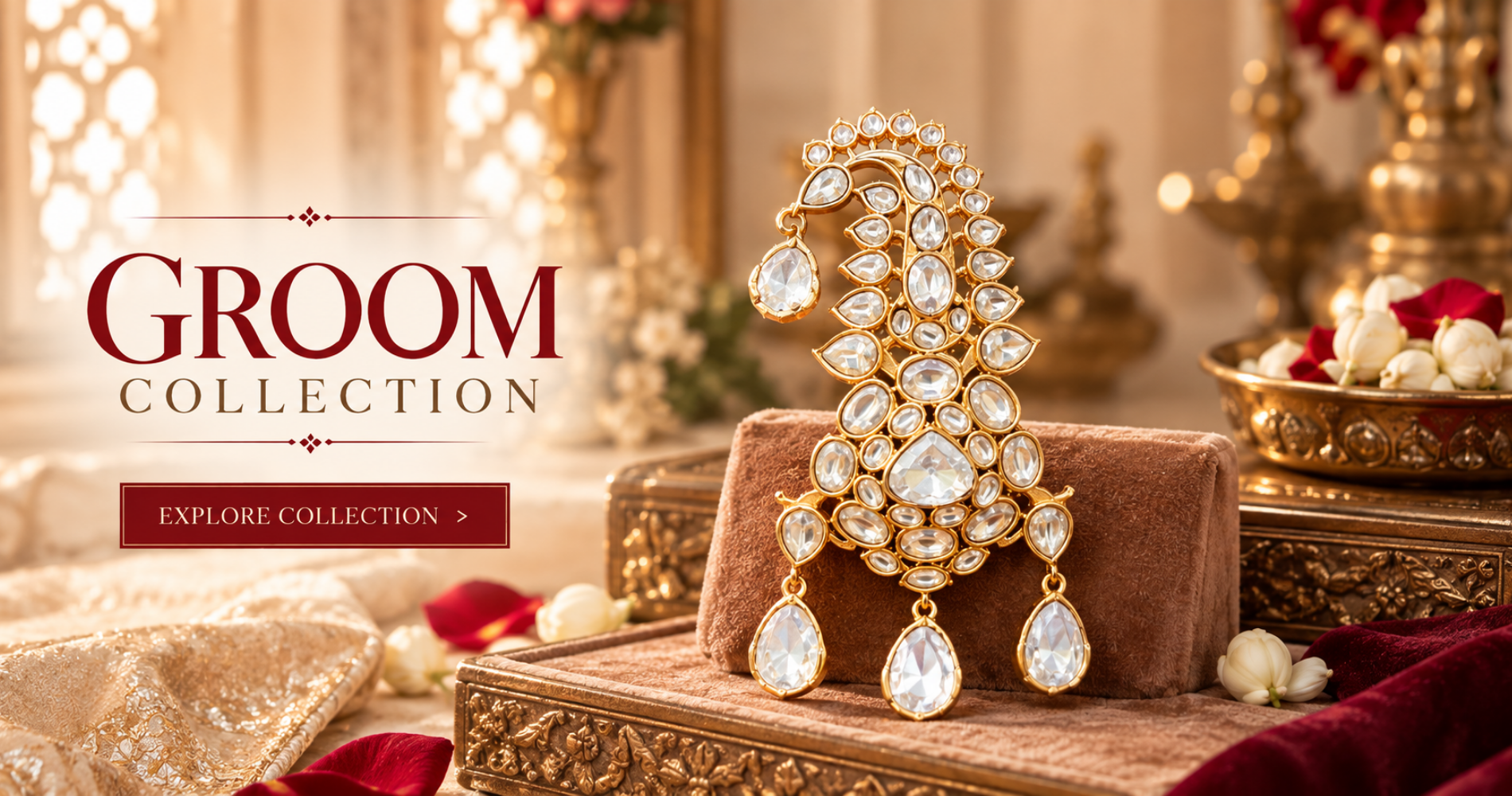 Indian groom jewellery collection featuring a statement gold-plated clear stone brooch-style accessory by The Sparkle Jewellery