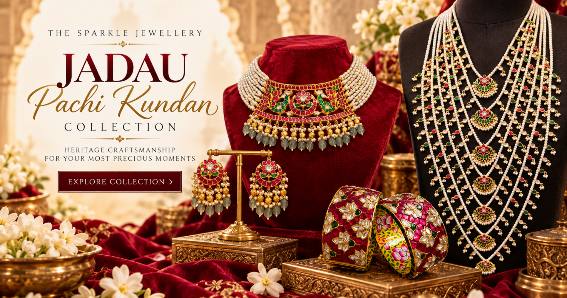 Jadau Pachi Kundan jewellery collection featuring a traditional Kundan choker, statement earrings, long pearl necklace and colourful bangles by The Sparkle Jewellery