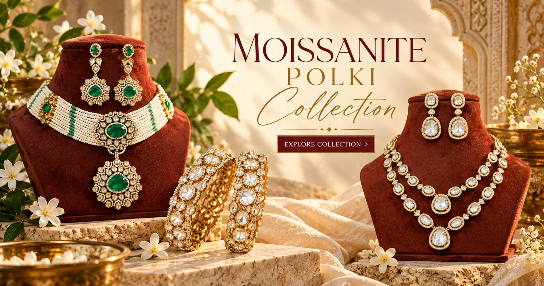Moissanite Polki jewellery collection featuring green and clear stone necklace sets, statement earrings and gold-plated jewellery by The Sparkle Jewellery