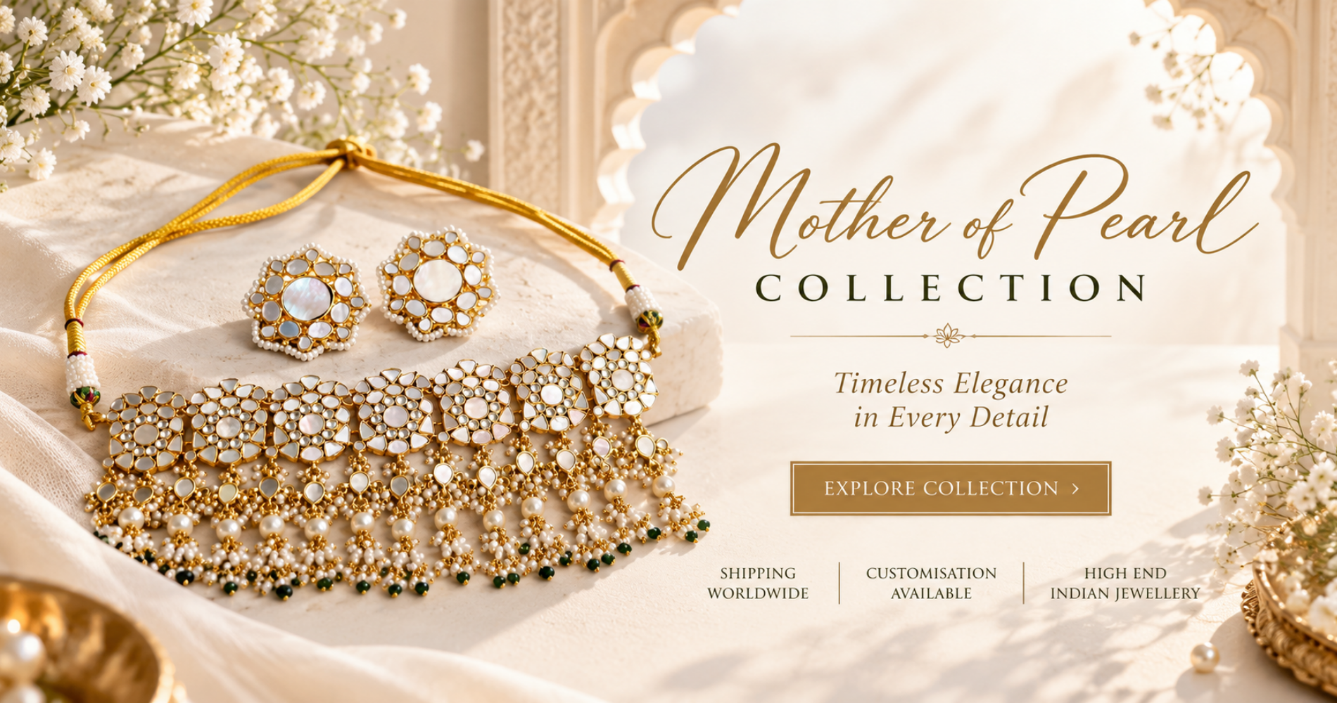 Mother of Pearl jewellery set featuring a gold-plated necklace and matching earrings with pearl detailing by The Sparkle Jewellery