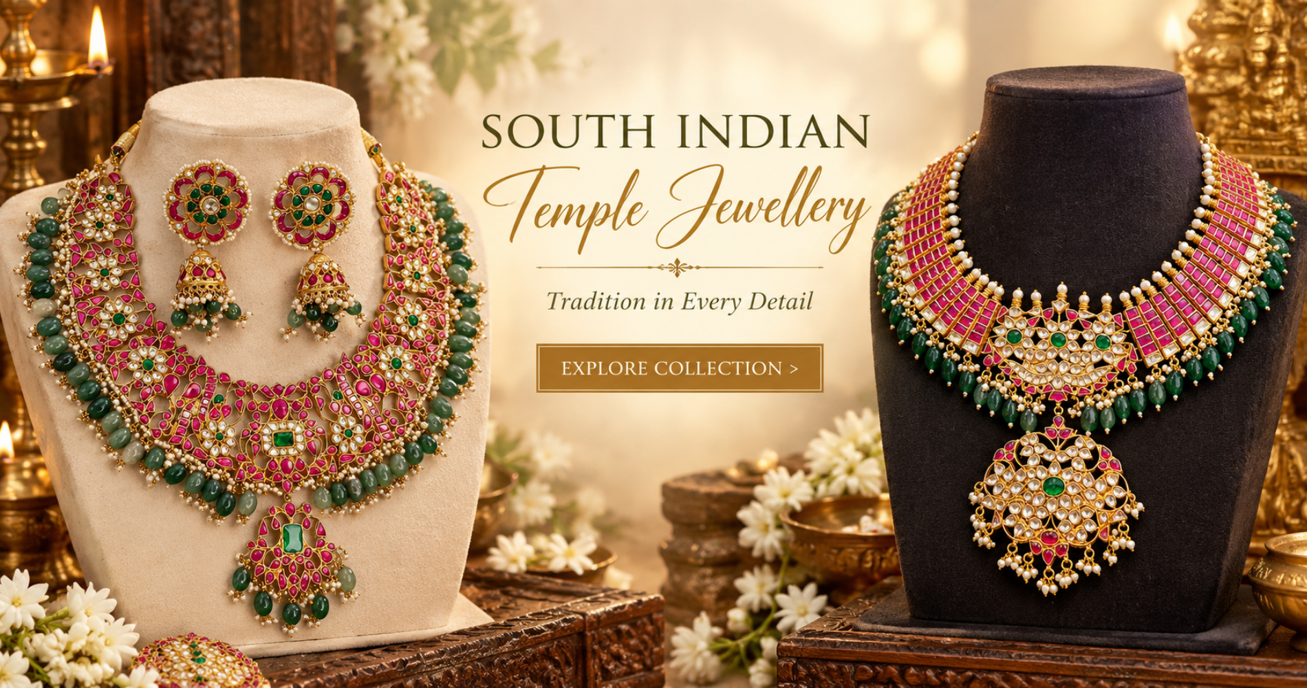 South Indian temple jewellery collection featuring traditional gold-plated necklaces, matching earrings and green and pink gemstone detailing by The Sparkle Jewellery