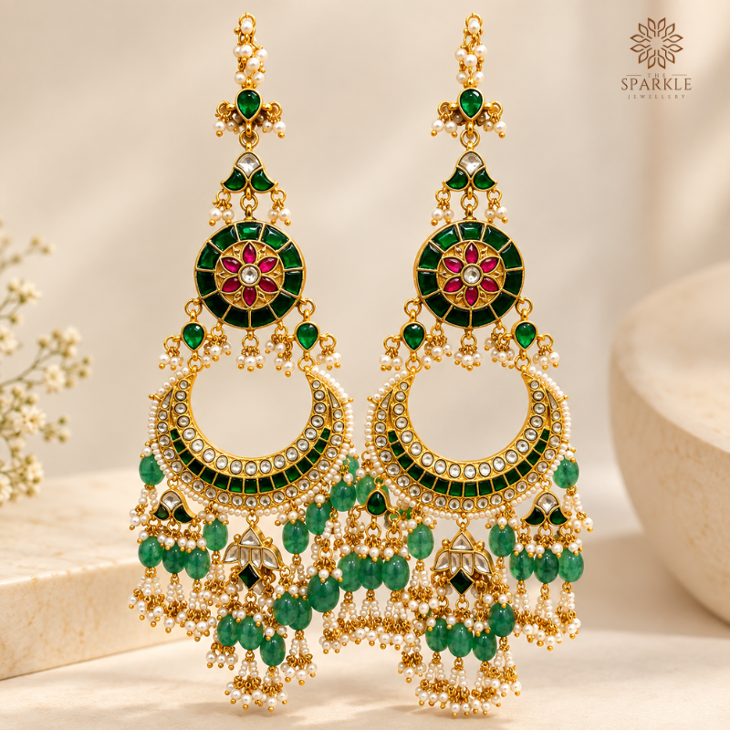 Green Kundan Earrings with Ear Chain and Pearl Drops