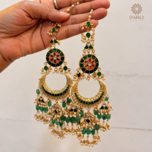 Green Kundan Earrings with Ear Chain and Pearl Drops