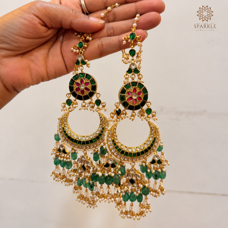 Green Kundan Earrings with Ear Chain and Pearl Drops