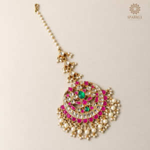 Pink and Green Kundan Maangtikka for Bridal and Non-Bridal Occasions