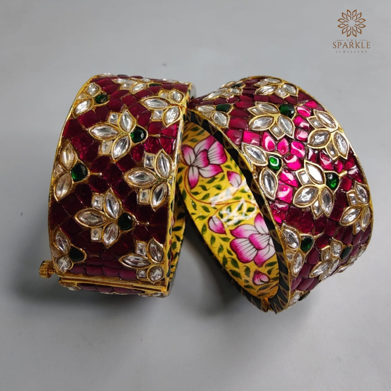 Pink Kundan Kada Bangles Pair with Green Stone Detailing