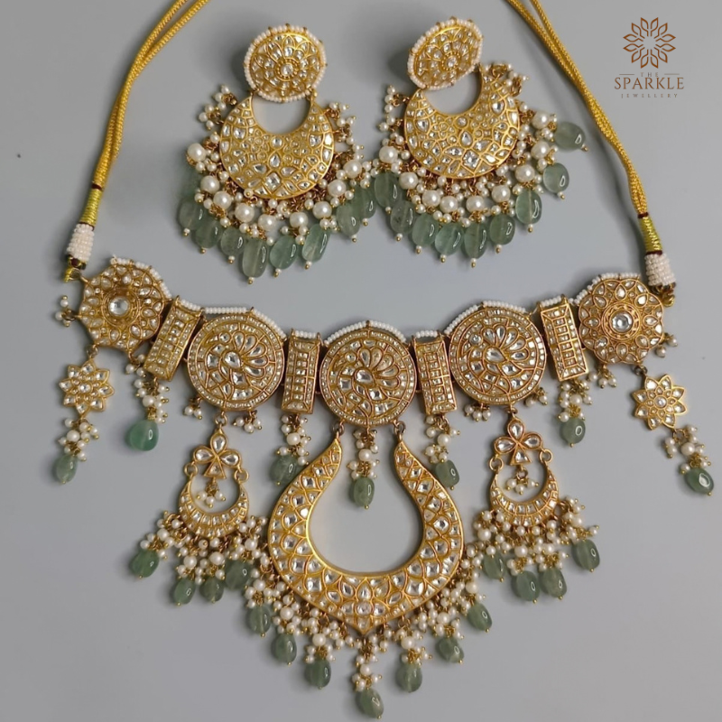 Sage Green Kundan Choker Necklace Set with Matching Earrings