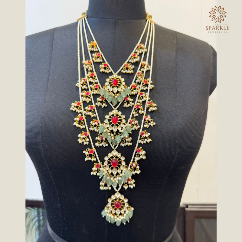 Sage Green Rani Haar Layered Necklace with Pink Kundan Details